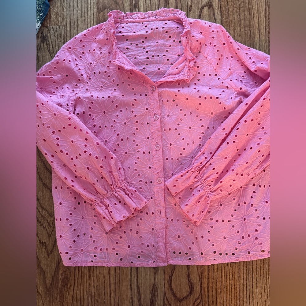 Pink Eyelet Button-Up Blouse